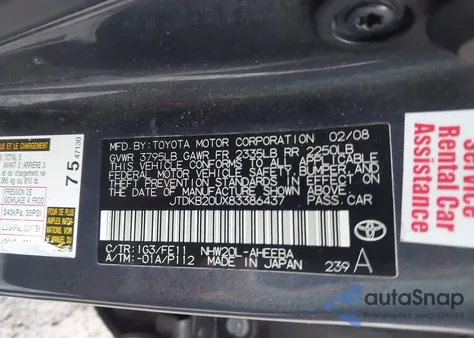 2008 Toyota Prius Standard from USA, damaged, VIN JTDKB20UX83386437